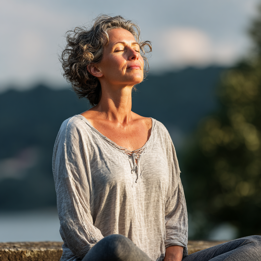 Peaceful middle-aged woman in meditation pose outdoors