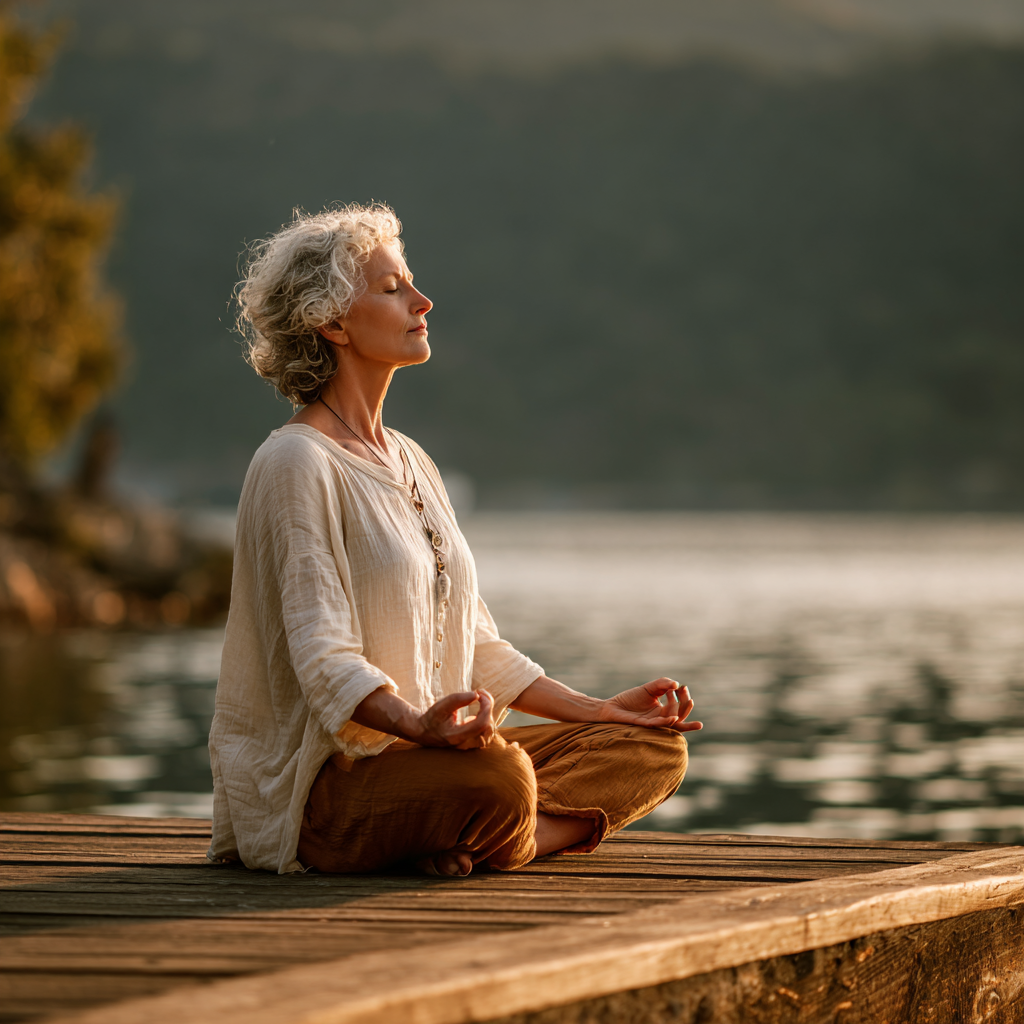 Serene older adult practicing yoga in peaceful natural setting